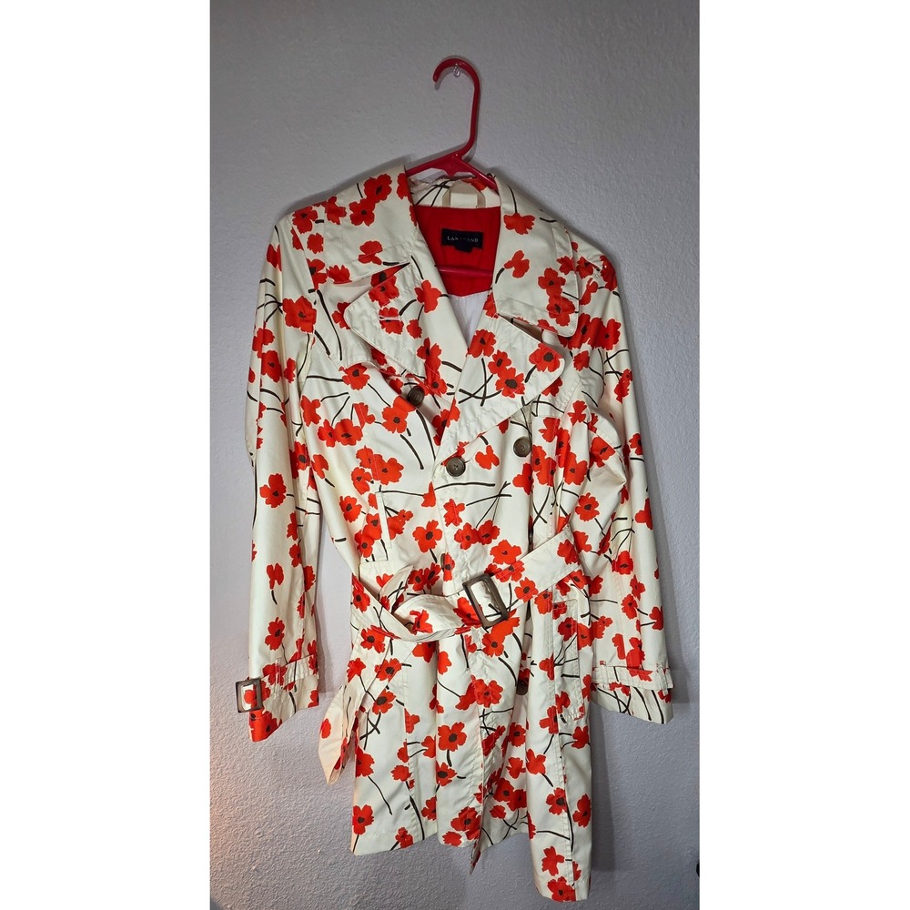 Lands End Womens Red Floral Poppy Trench Coat Belted Double Breasted Small 6-8